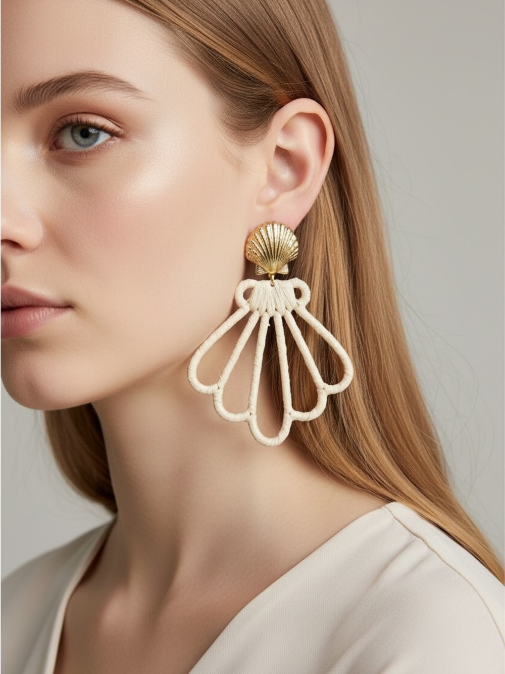9/23 Gold & Cream Seashell Statement Earrings by